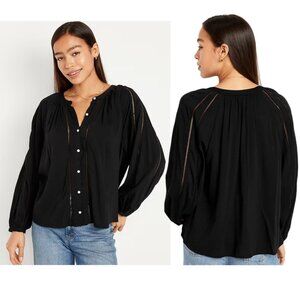 Old Navy Women's Button-Front Shirred Boho Blouse Long Sleeve Poet Black Size L